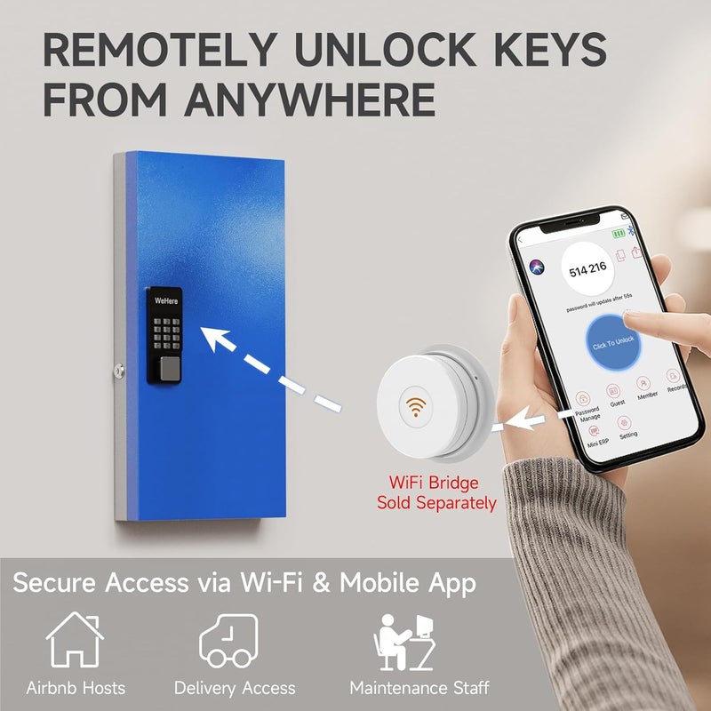 WeHere 48 Key Lock Box Wall Mount, APP Bluetooth/OTP/Wi-Fi Remote/Fixed Code/Key Unlock, Smart Key Cabinet, Key Organizer Holder Box, Key Management Directory for Apartment, Hotel, Office, House - Image 5